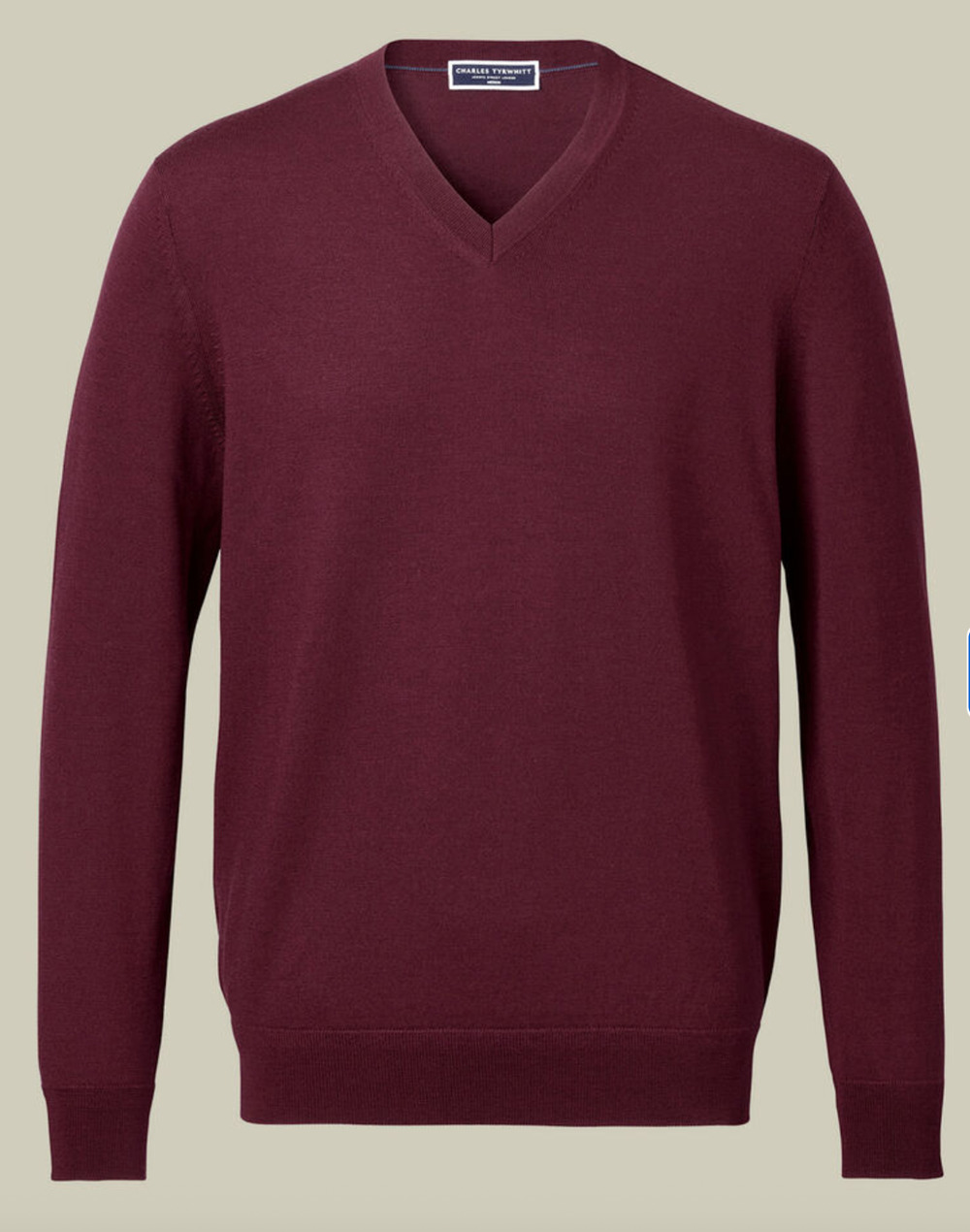 Charles Tyrwhitt V-Neck Regular-Fit Merino Wool Sweater Burgundy Red Small